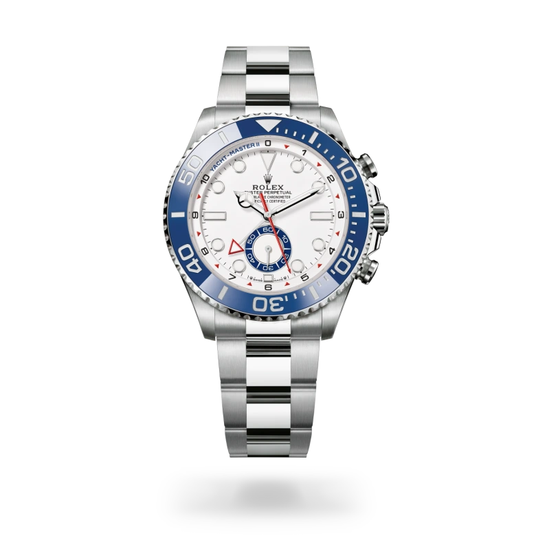 Rolex Yacht-Master II in Oystersteel with white dial, regatta countdown function, blue Cerachrom bezel and Oyster bracelet