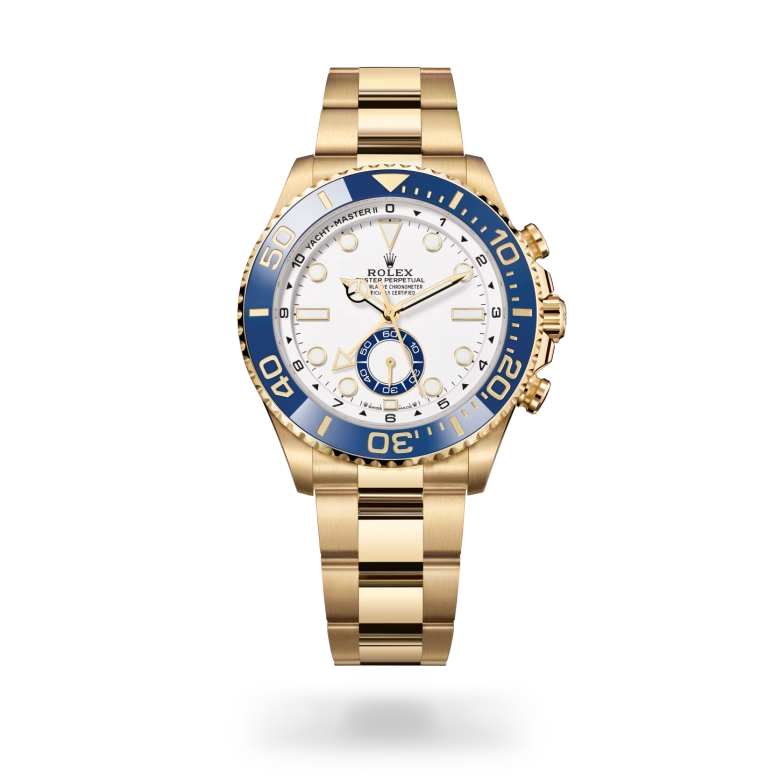 Rolex Yacht-Master II in 18 ct yellow gold with white dial, regatta countdown function, blue Cerachrom bezel and Oyster bracelet