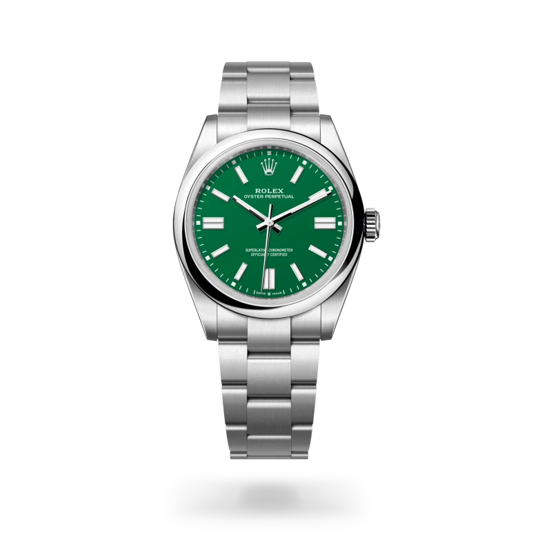 Rolex Oyster Perpetual 41 in Oystersteel with green lacquer dial, domed bezel and Oyster bracelet