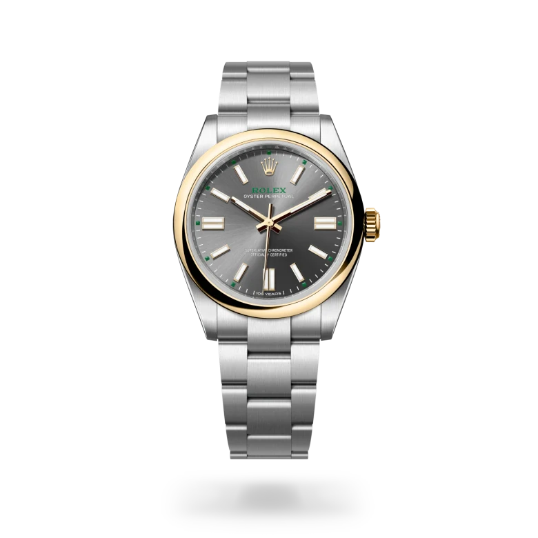 Rolex Oyster Perpetual 41 in yellow Rolesor with slate dial, green accents, domed yellow gold bezel and Oyster bracelet