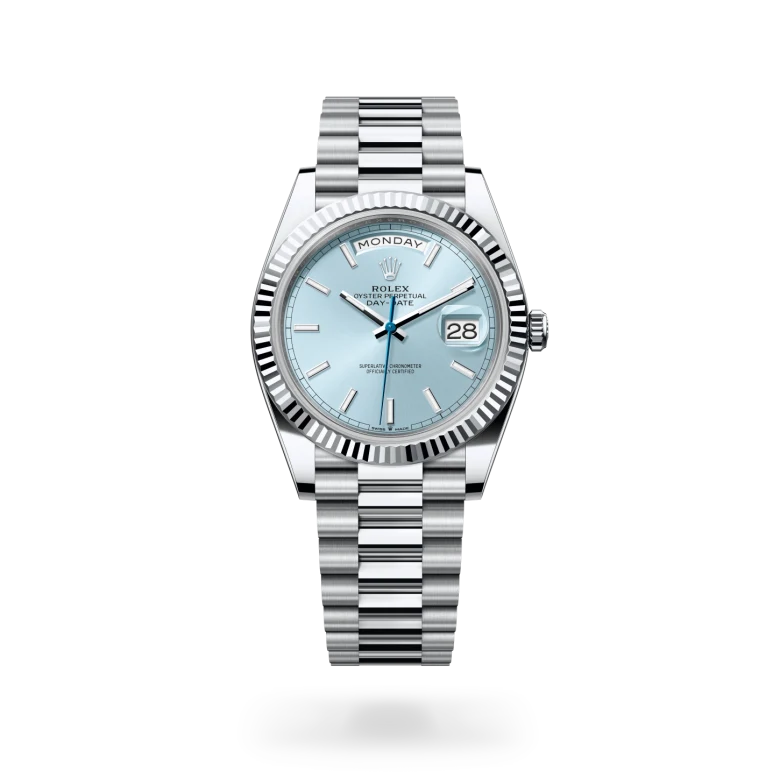 Rolex Day-Date 40 in platinum with ice blue dial, index hour markers, fluted platinum bezel and President bracelet
