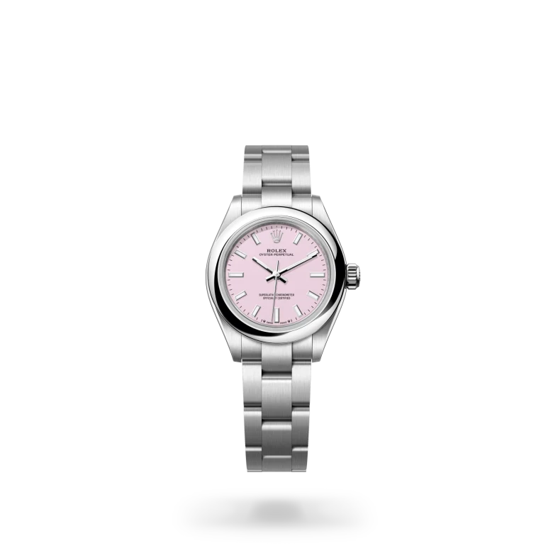 Rolex Oyster Perpetual 28 in Oystersteel with pink lacquer dial, domed bezel and Oyster bracelet