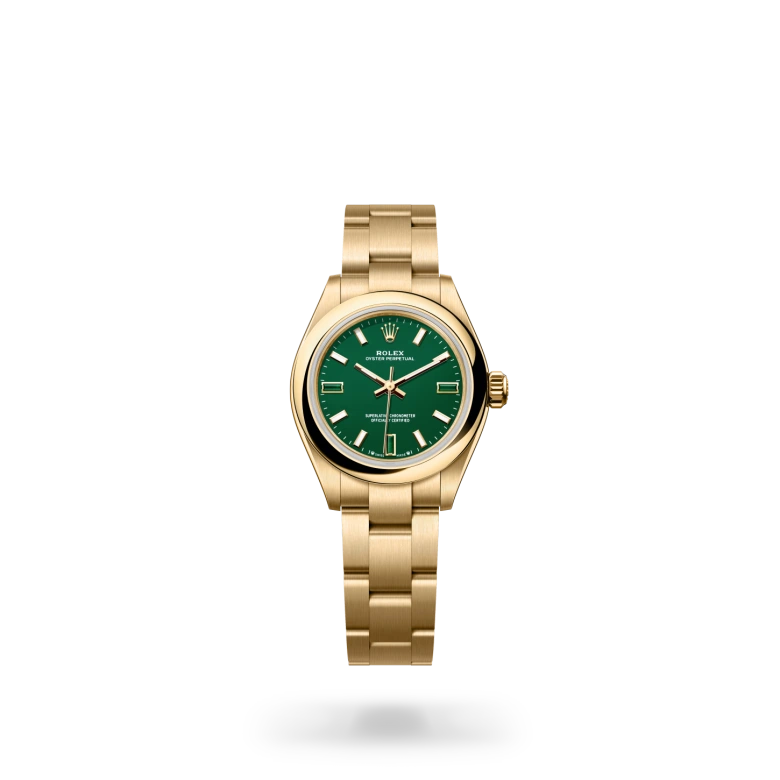 Rolex Oyster Perpetual 28 in 18 ct yellow gold with green stone dial, domed bezel and Oyster bracelet