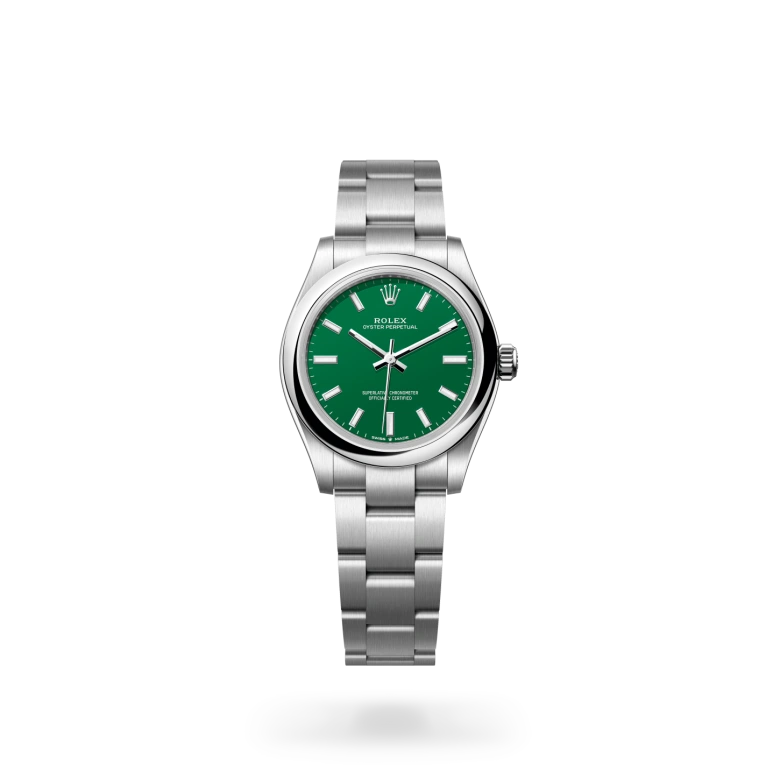 Rolex Oyster Perpetual 31 in Oystersteel with green lacquer dial, domed bezel and Oyster bracelet