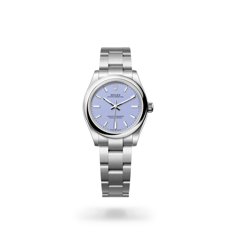 Rolex Oyster Perpetual 31 in Oystersteel with lavender lacquer dial, domed bezel and Oyster bracelet