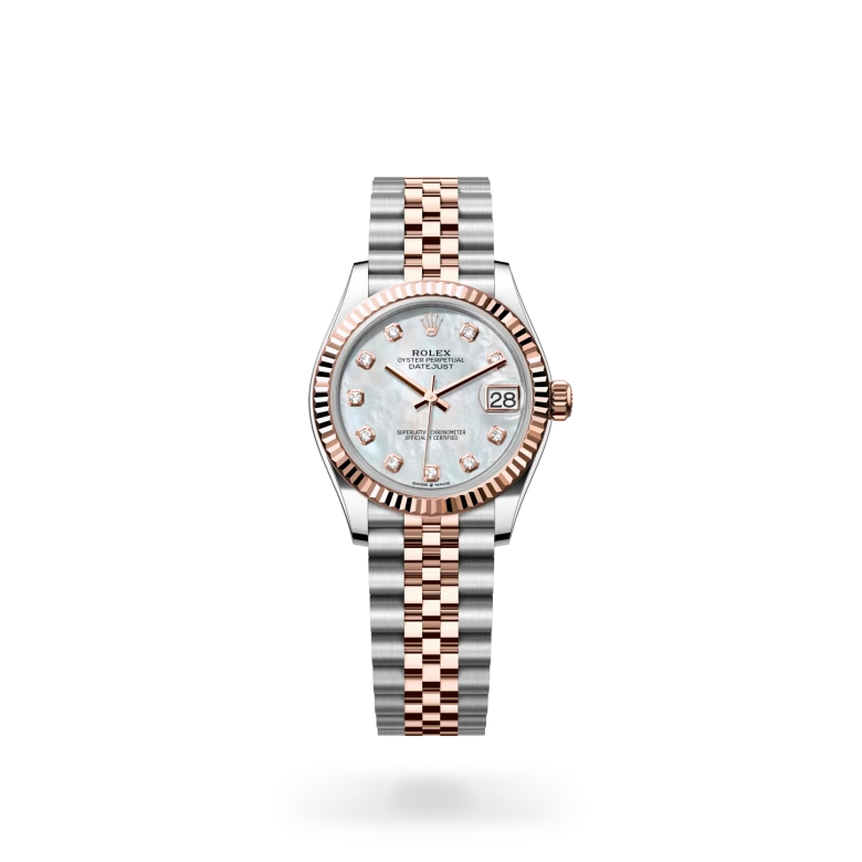 Rolex Datejust 31 in Everose Rolesor with white mother-of-pearl dial, fluted Everose gold bezel, diamond hour markers and Jubilee bracelet
