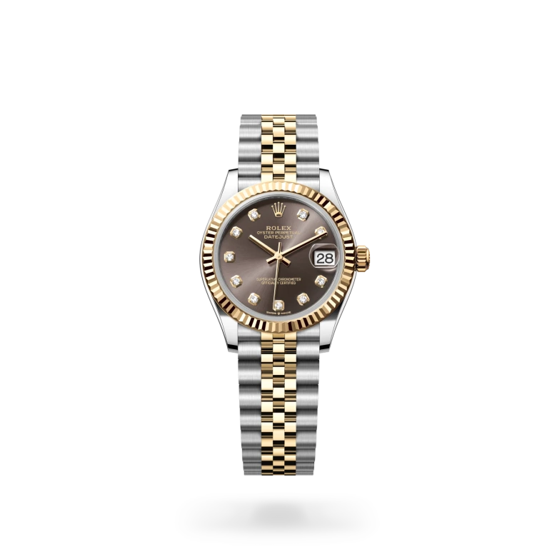 Rolex Datejust 31 in yellow Rolesor with dark grey dial, fluted yellow gold bezel, diamond hour markers and Jubilee bracelet