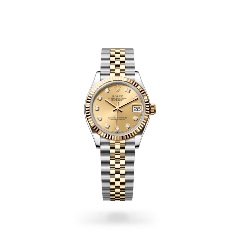 Rolex Datejust 31 in yellow Rolesor with champagne-colour dial, fluted yellow gold bezel, diamond hour markers and Jubilee bracelet