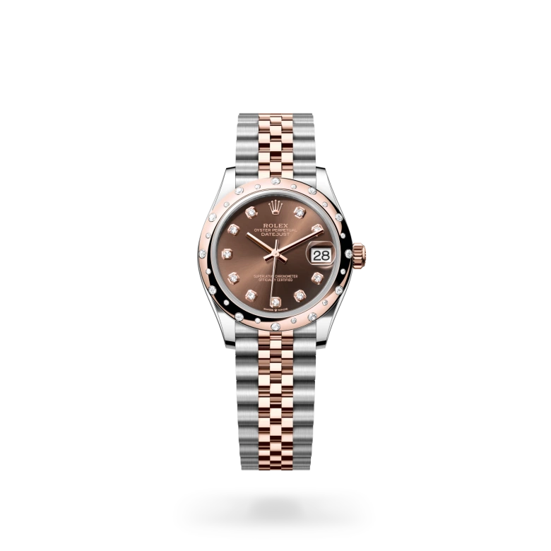 Rolex Datejust 31 in Everose Rolesor with chocolate dial, diamond-set domed bezel, diamond hour markers and Jubilee bracelet