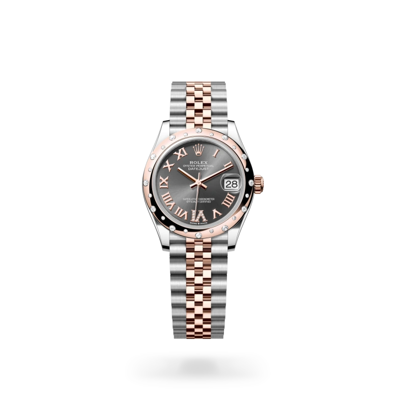 Rolex Datejust 31 in Everose Rolesor with slate dial, diamond-set domed bezel, diamond VI marker and Jubilee bracelet