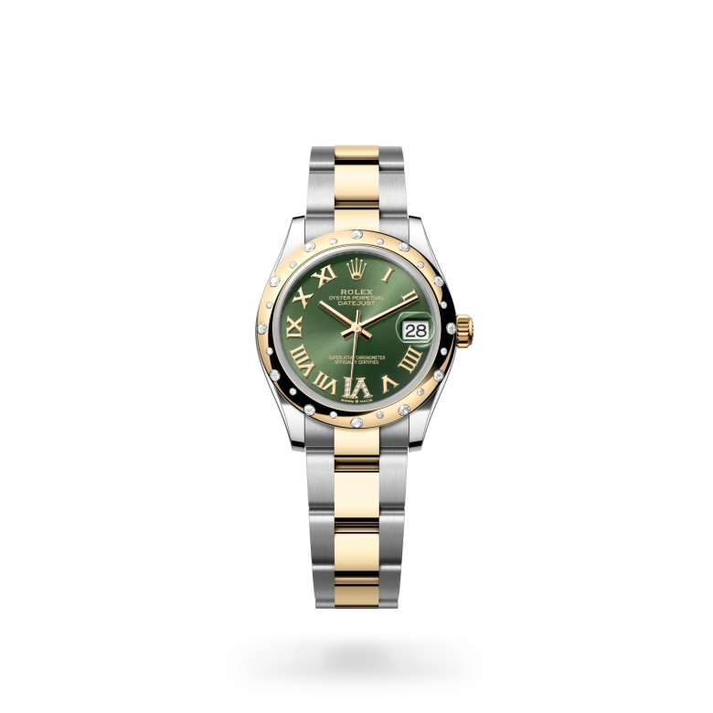 Rolex Datejust 31 in yellow Rolesor with olive green dial, Roman numeral markers, diamond-set VI, scattered diamond bezel and Oyster bracelet