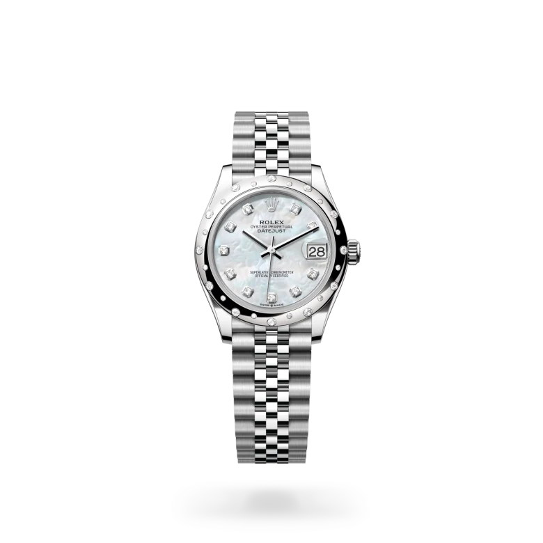Rolex Datejust 31 in white Rolesor with white mother-of-pearl dial, diamond-set domed bezel, diamond hour markers and Jubilee bracelet