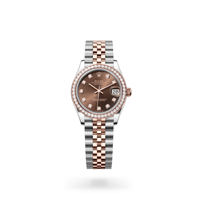 Rolex Datejust 31 in Everose Rolesor with chocolate dial, diamond-set bezel, diamond hour markers and Jubilee bracelet