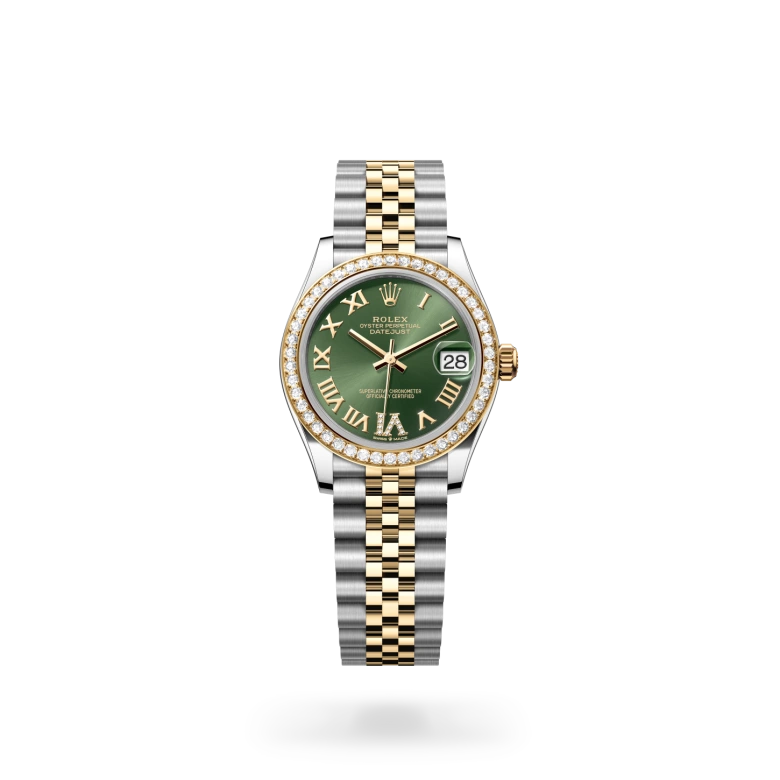 Rolex Datejust 31 in yellow Rolesor with olive green dial, diamond-set bezel, diamond VI marker and Jubilee bracelet