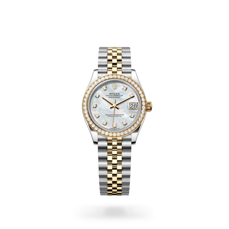Rolex Datejust 31 in yellow Rolesor with white mother-of-pearl dial, diamond-set bezel, diamond hour markers and Jubilee bracelet